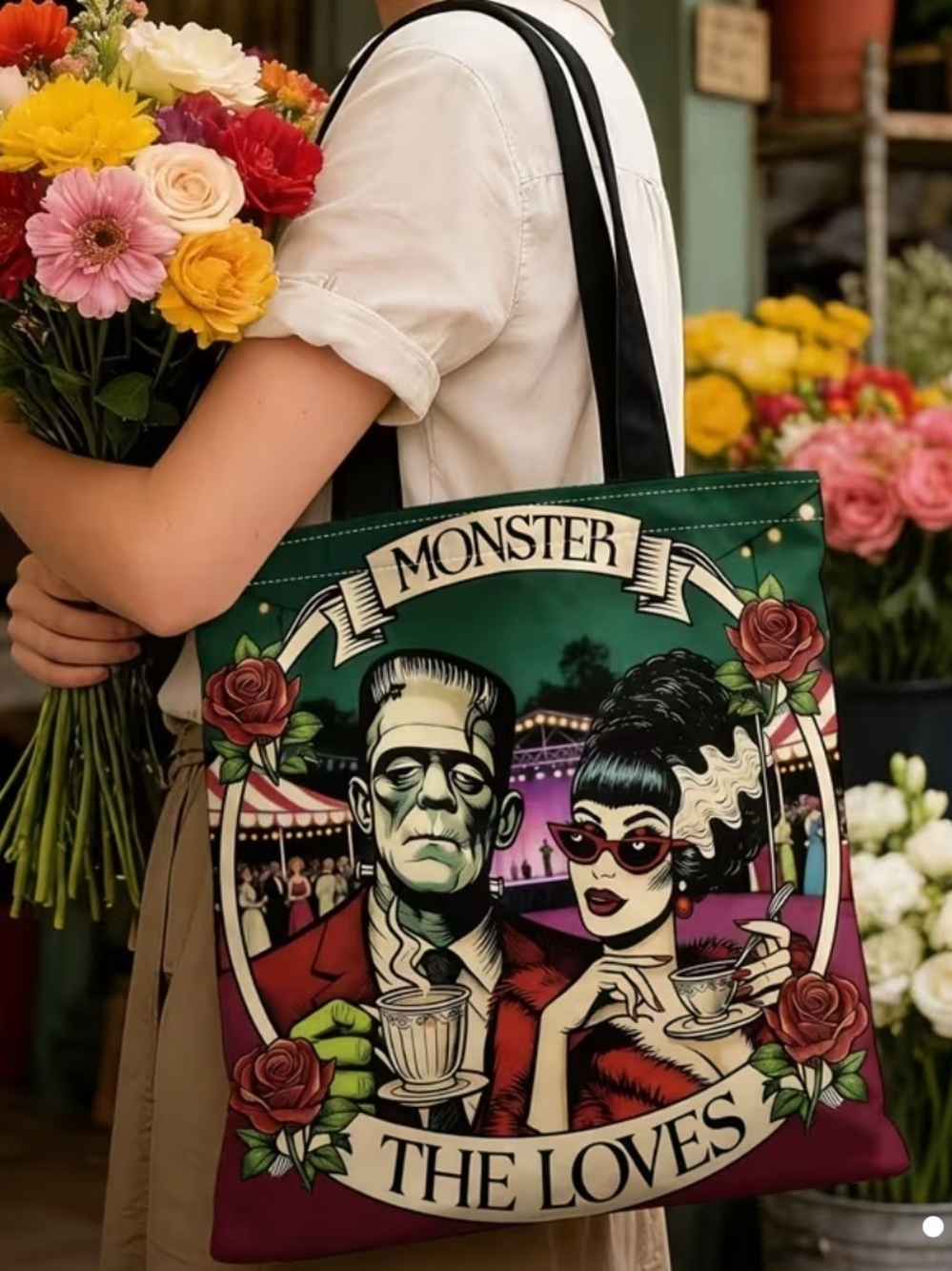 Monstrous Love Graphic Tote Bag in Green and Burgundy